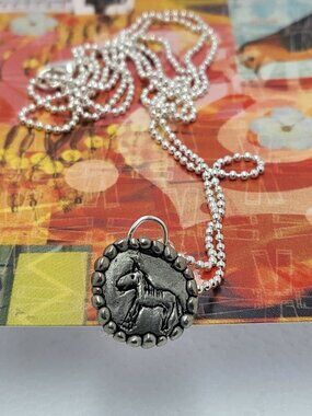 Necklace vintage Todd Oldham Button 90s Silver tone Horse drawing carving retro